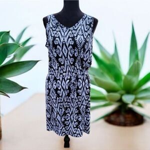 Faded Glory Black White Print Sleeveless V-Neck Blouson Summer Dress Size M